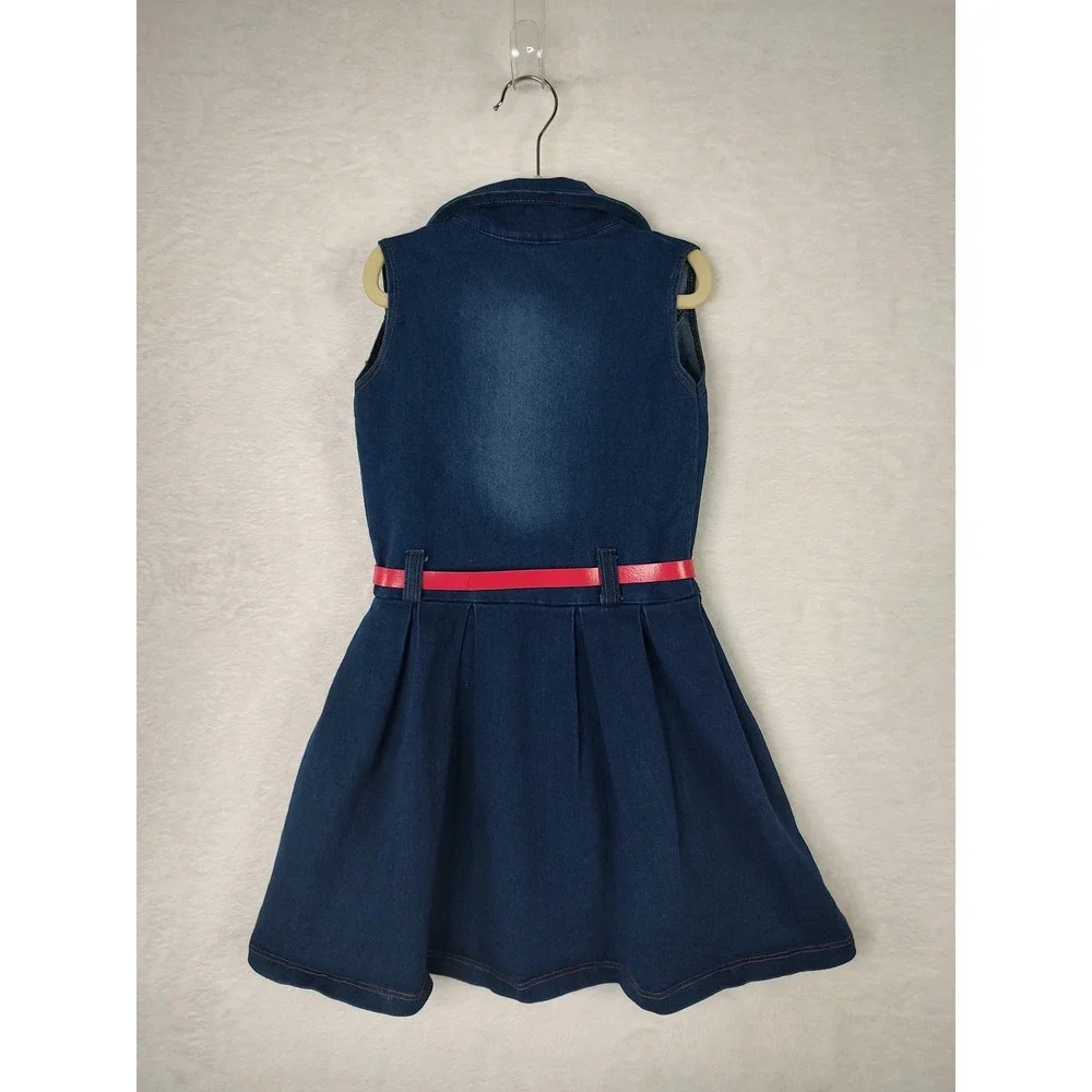 Girls‎ Blue Denim Sleeveless Unicorn Embroidered Belted Button Front Dress